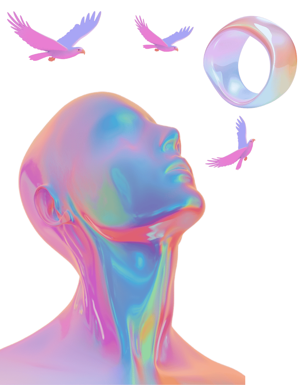 An iridescent soul gazing upward toward infinite possibility; birds of liberation soar from the mind as a luminous torus represents the eternal cycle of self-discovery