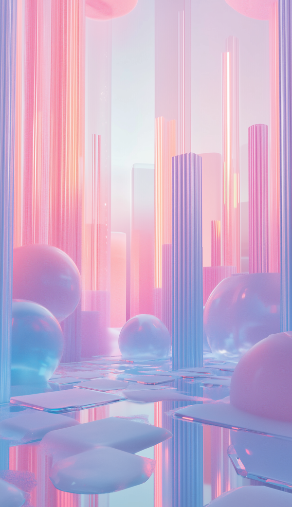 Pillars of inner light rising through a dreamscape of ethereal spheres; the luminous architecture of the seeker's mind, where each column represents a pillar of self-knowledge and each orb a truth yet to be discovered